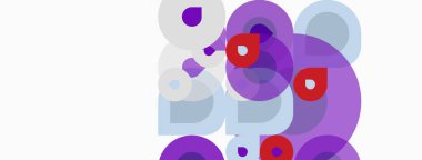 Üst üste binen daireler içeren soyut kompozisyon. Mor, kırmızı, açık mavi renkler dinamik görsel doku yaratır. Minimalist tasarım, modern estetik.