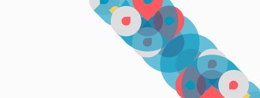 Soyut daireler örtüşüyor, katmanlı şekiller yaratıyor. Renkler mavi, pembe, deniz mavisi, gri. Minimalist tasarım, temiz arkaplan.