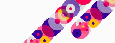 Üst üste binen renkli daireler, köşegen düzenleme, canlı renkler, modern tasarım, basit şekiller içeren soyut kompozisyon.