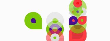 Soyut renkli daireler çakışıyor ve dinamik bileşim oluşturuyor. Şekiller farklı boyutlarda, renkte, görsel ilgi gösteriyor. Minimalist tasarım.