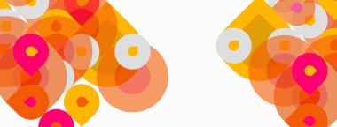 Üst üste binen daireler içeren soyut kompozisyon, sıcak renkler baskın gelir. Pembe aksanlar turuncu ve sarı renklere karşı kontrastlık sağlar. Minimalist tasarım.