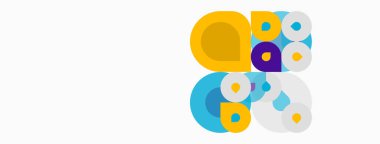 Soyut renkli daireler çakışıyor ve dinamik bileşim oluşturuyor. Beyaz arka planda parlak renklerin karşıtlığı. Modern tasarım ögesi.