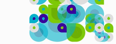 Soyut daireler örtüşür, canlı görsel doku yaratır. Renkler arasında mavi, yeşil, mor, beyaz. Basit geometrik şekiller kompozisyona hakim.