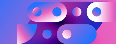 Soyut şekiller, canlı renkler, mor, mavi renkler modern tasarım yaratır. Gradyan efektler derinlik ve görsel ilgi ekler.