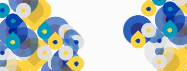 Üst üste binen daireler içeren soyut kompozisyon. Mavi, sarı renkler dizaynın hakimi. Minimalist estetik, temiz çizgiler mevcut. Geniş beyaz arkaplan.