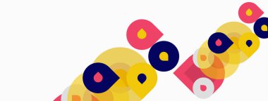 Soyut geometrik şekiller örtüşüyor, canlı renk kalıpları yaratıyor. Çemberler, kareler, çapraz çizgiler bileşimi tanımlar. Minimalist tasarım.