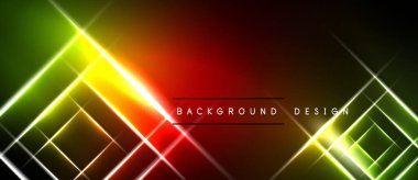 Canlı neon çizgileri soyut geometrik desen oluşturur. Yeşilden kırmızıya geçiş kompozisyonu baskın. Koyu arkaplan aydınlığı artırır.