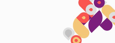 Soyut geometrik şekiller, canlı renkler, minimalist tasarım. Kompozisyon üst üste binen daireler, dikdörtgenler, oyuncu düzenleme.