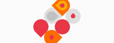 Soyut tasarım özellikleri üst üste binen daireler, kareler ve harf formları. Renkler arasında kırmızı, turuncu, gri, beyaz arkaplan kompozisyona hakim.