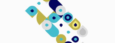 Soyut geometrik şekiller örtüşür, renkli kompozisyon oluşturur. Daireler, kareler, dikdörtgenler dizaynın hakimi. Minimalist estetik mevcut.