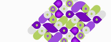 Soyut model. Mor, yeşil, beyaz şekiller, dinamik görsel doku oluşturur. Modern tasarım öğesi. Basit geometri kompozisyona hakim olur.