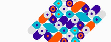 Soyut geometrik desen. Şekiller örtüşüyor, canlı görsel doku oluşturuyor. Renkler turuncu, deniz mavisi, mor, gri. Modern tasarım ögesi.