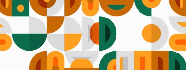 Soyut geometrik desen. Turuncu, gri, yeşil şekiller tekrar ediyor. Minimalist tasarım, modern estetik, temiz çizgiler, basit formlar..