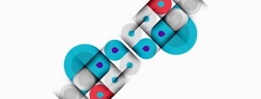 Soyut geometrik şekiller, daireler, kareler, mor, yeşil, kırmızı. Minimalist tasarım, temiz çizgiler, modern estetik, beyaz arkaplan.