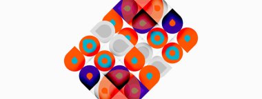 Soyut geometrik desen. Çemberler, kareler, renkli mozaikler oluşturur. Parlak renkler beyaz arkaplana hakim. Modern tasarım ögesi.