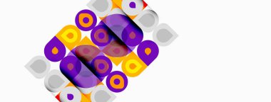 Soyut şablon renkli daireler, üst üste binen şekiller, modern tasarım içerir. Minimalist estetik, canlı renkler, geometrik kompozisyon.