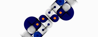 Soyut geometrik şekiller, mavi, gri, turuncu. Minimalist tasarım, temiz çizgiler, modern estetik. Kompozisyon üst üste binen daireler, kareler.