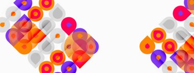 Soyut renkli çemberler, kareler kesişiyor. Modern tasarım, canlı renkler, geometrik desenler dinamik bileşim yaratır. Temiz estetik.