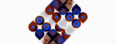 Soyut geometrik desen. Çemberler, kareler üst üste binerek karmaşık görsel doku oluşturuyor. Kırmızı, mavi, kahverengi baskın kompozisyon. Minimalist tasarım.