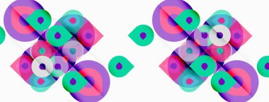 Soyut geometrik desen. Üst üste binen kareler, daireler canlı, renkli bir tasarım yaratıyor. Modern estetik, temiz çizgiler kompozisyona hakim..