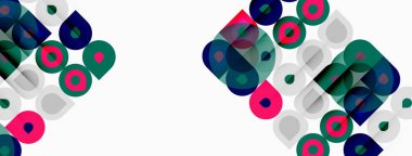 Soyut geometrik desen. Kareler, daireler örtüşüyor ve canlı bir görsel doku oluşturuyor. Modern tasarım, basit şekiller kompozisyona hakim..