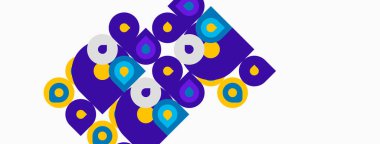 Soyut desen mor şekiller, sarı daireler içerir. Tasarım, eğlenceli ve modern estetiği çağrıştırıyor. Bileşim yinelemeyi, karşıtlığı kullanır.