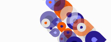 Soyut daireler çakışıyor, canlı desenler yaratıyor. Renkler turuncu, mor, gri, beyaz. Tasarım modern, neşeli hissettiriyor..