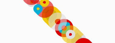 Renkli kesişen daireler çapraz desen oluşturur. Beyaz arka planda parlak renklerin karşıtlığı. Basit geometrik tasarım.