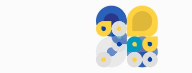 Soyut çemberler kesişiyor, eğlenceli bir kompozisyon oluşturuyor. Mavi, sarı, açık gri renkler basit tasarıma hükmediyor. Modern estetik.