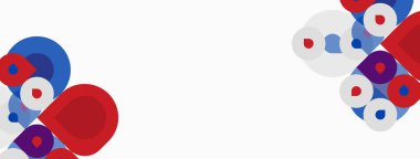 Soyut şekiller, daireler, kırmızı, mavi, beyaz. Minimalist tasarım, temiz arka plan, modern estetik. Basit geometri, üst üste binen formlar, görsel elementler.