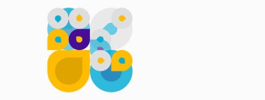 Soyut çemberler örtüşüyor ve canlı bir kompozisyon oluşturuyor. Sarı, mavi, mor renkler beyaz arkaplana hakim. Modern tasarım ögesi.