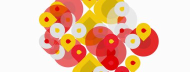 Üst üste binen daireleri içeren soyut kompozisyon, kırmızı ve sarı renkler baskın. Minimalist tasarım, oyuncu şekiller dinamik görsel doku oluşturur.