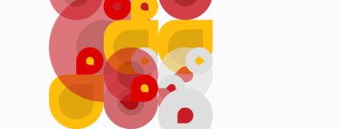 Üst üste binen daireler içeren soyut kompozisyon, değişik tonlarda kırmızı, sarı. Minimalist tasarım, temiz çizgiler, modern estetik. Basit şekiller dinamik görsel etki yaratır.