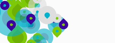 Soyut şekiller örtüşür, canlı renk karışımları yaratır. Yeşiller, maviler, morlar kompozisyona hakim. Minimalist tasarım, modern estetik.