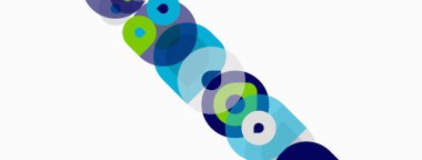 Soyut daireler çakışıyor, canlı çapraz desen oluşturuyor. Mavi, yeşil renkler beyaz arkaplana hakim. Modern tasarım ögesi.