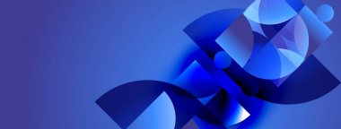 Soyut mavi şekiller üst üste binerek dinamik bileşim oluşturuyor. Derinlik ve modern tasarım estetiğini gösteriyor..