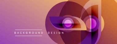 Soyut geometrik şekiller örtüşür, canlı bir gradyan arkaplan oluşturur. Mor, turuncu renkler dizaynda baskın, metin etiketleri mevcut.
