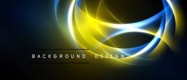 Soyut tasarım parlak kıvrımlar, canlı sarı, mavi renkler içerir. Karanlık arkaplan aydınlığı vurgular, dinamik görsel efekt yaratır.