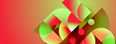 Canlı gradyan içeren soyut kompozisyon, üst üste binen şekiller, kırmızı turuncu arka plan. Modern tasarım, dinamik biçimler, pürüzsüz geçişler.