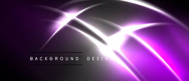 Koyu mor arka plan parlak neon çizgiler, kıvrımlar, ışık parlamaları içerir. Dijital projeler için modern tasarım ögesi.