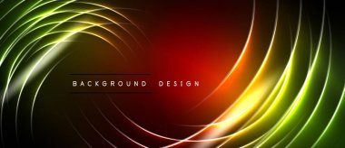 Soyut tasarım hareketli kıvrımlı çizgiler içerir. Renkler yeşil, sarı, turuncu, kırmızı renkte harmanlanarak dinamik görsel efekt yaratır. Koyu arkaplan aydınlığı artırır.