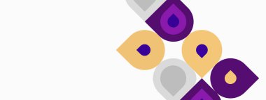 Mor, gri, sarı damlalar beyaz arka plana saçılmış. Minimalist tasarım, basit şekiller, soyut kompozisyon. Temiz estetik.