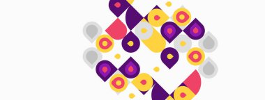 Soyut geometrik şekiller, canlı renkler, oyuncu tasarım. Kareler, daireler, üçgenler dinamik bileşim yaratır. Modern estetik.