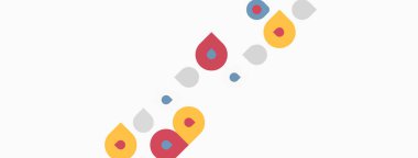 Beyaz arkaplana dağılmış soyut renkli şekiller. Minimalist tasarım, basit geometri, modern estetik. Noktalar, daireler, mevcut formlar.