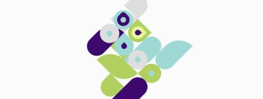 Soyut şekiller örtüşür, dinamik bileşim yaratır. Renkler arasında mor, yeşil, mavi, beyaz var. Minimalist tasarım yenilik ve bağlantı öneriyor.