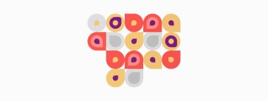 Soyut renkli daireler, kareler, noktalar geometrik desen oluşturur. Minimalist tasarım, hafif arkaplan, oyuncu kompozisyon.