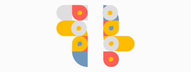 Soyut geometrik şekiller, daireler, dikdörtgenler, canlı renkler. Minimalist tasarım, modern estetik, temiz kompozisyon. Görünür iki benzer yapı.