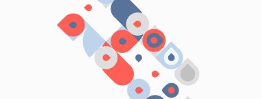 Soyut geometrik şekiller, daireler, kareler, dikdörtgenler. Kırmızı, mavi, gri renkler kompozisyona hakim. Minimalist tasarım, modern estetik.