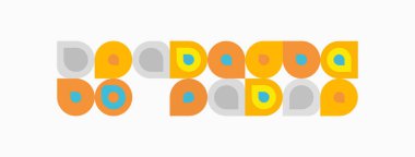 Retro tasarım tekrar eden daireler, kareler, şekiller içerir. Renkler turuncu, mavi, gri. Minimalist estetik, oyuncu desen.