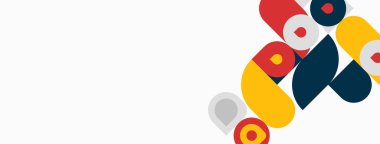 Soyut geometrik şekiller örtüşür, canlı renk blokları oluşturur. Tasarım kırmızı, sarı, mavi, gri tonlara sahiptir. Minimalist kompozisyon.